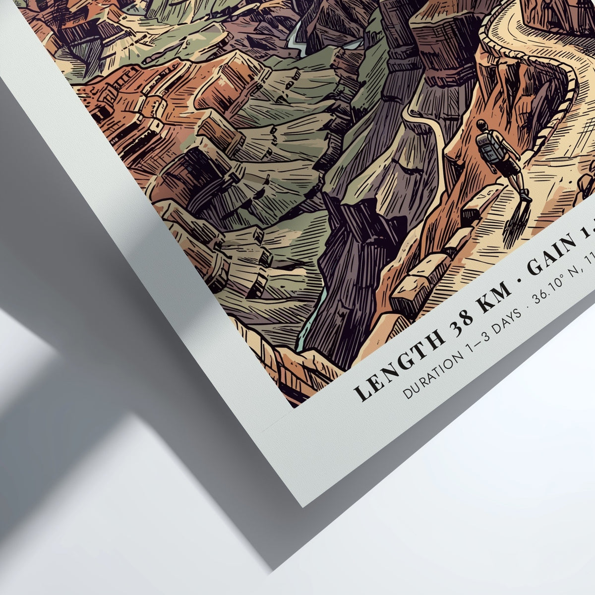 Poster featuring a hiker on a winding Grand Canyon trail with earthy tones.