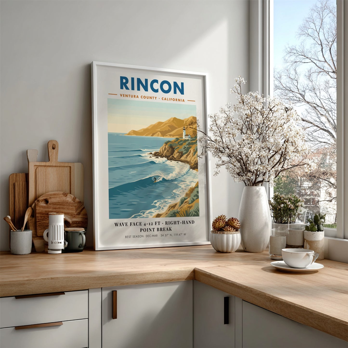 Rincon California surf poster featuring a right-hand point break, lighthouse, and golden cliffs.