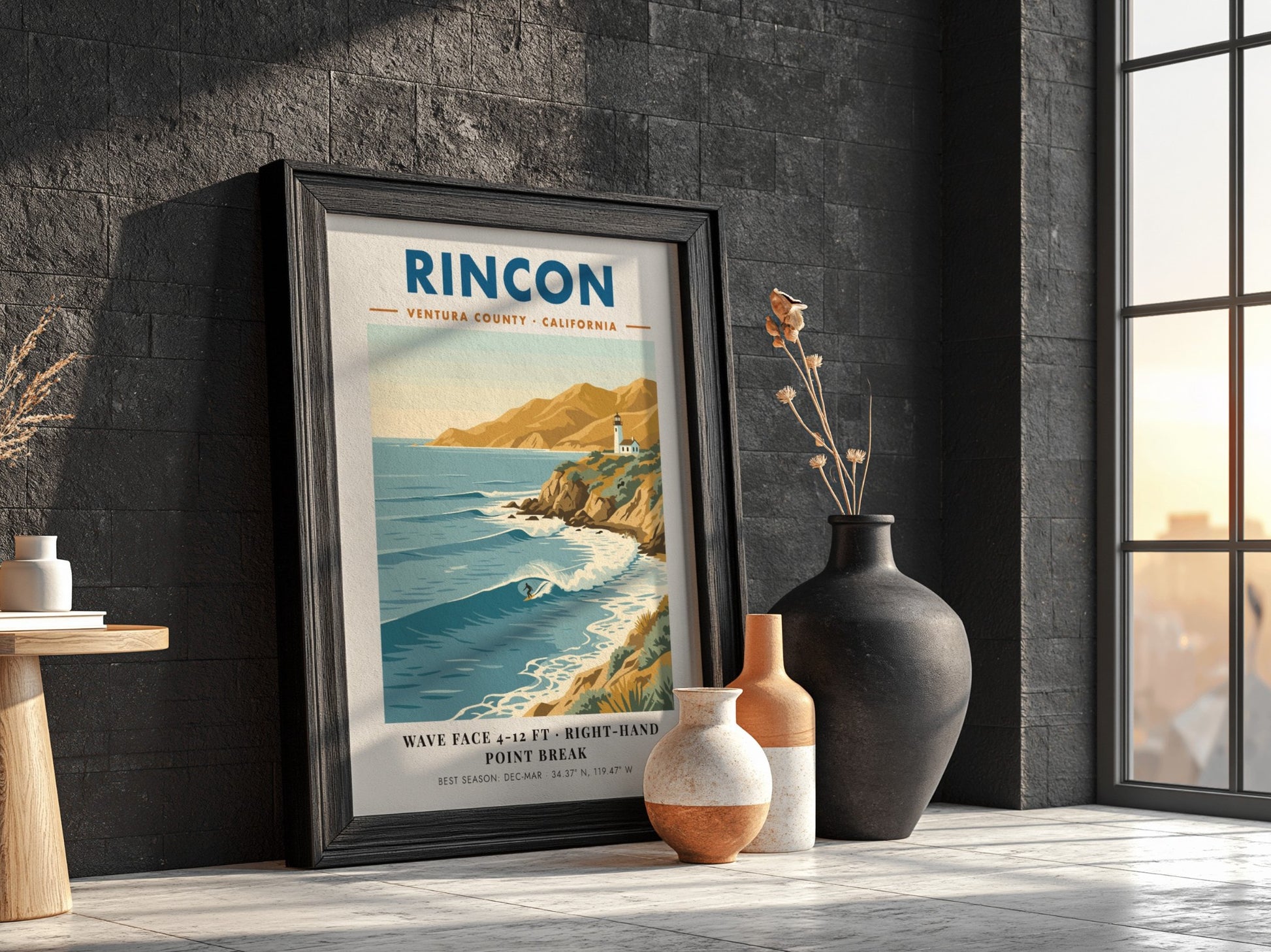Rincon California surf poster featuring a right-hand point break, lighthouse, and golden cliffs.