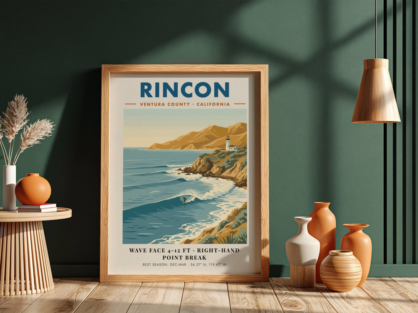 Rincon California surf poster featuring a right-hand point break, lighthouse, and golden cliffs.