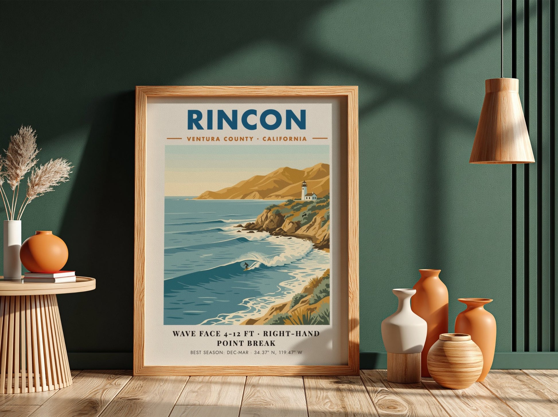 Rincon California surf poster featuring a right-hand point break, lighthouse, and golden cliffs.
