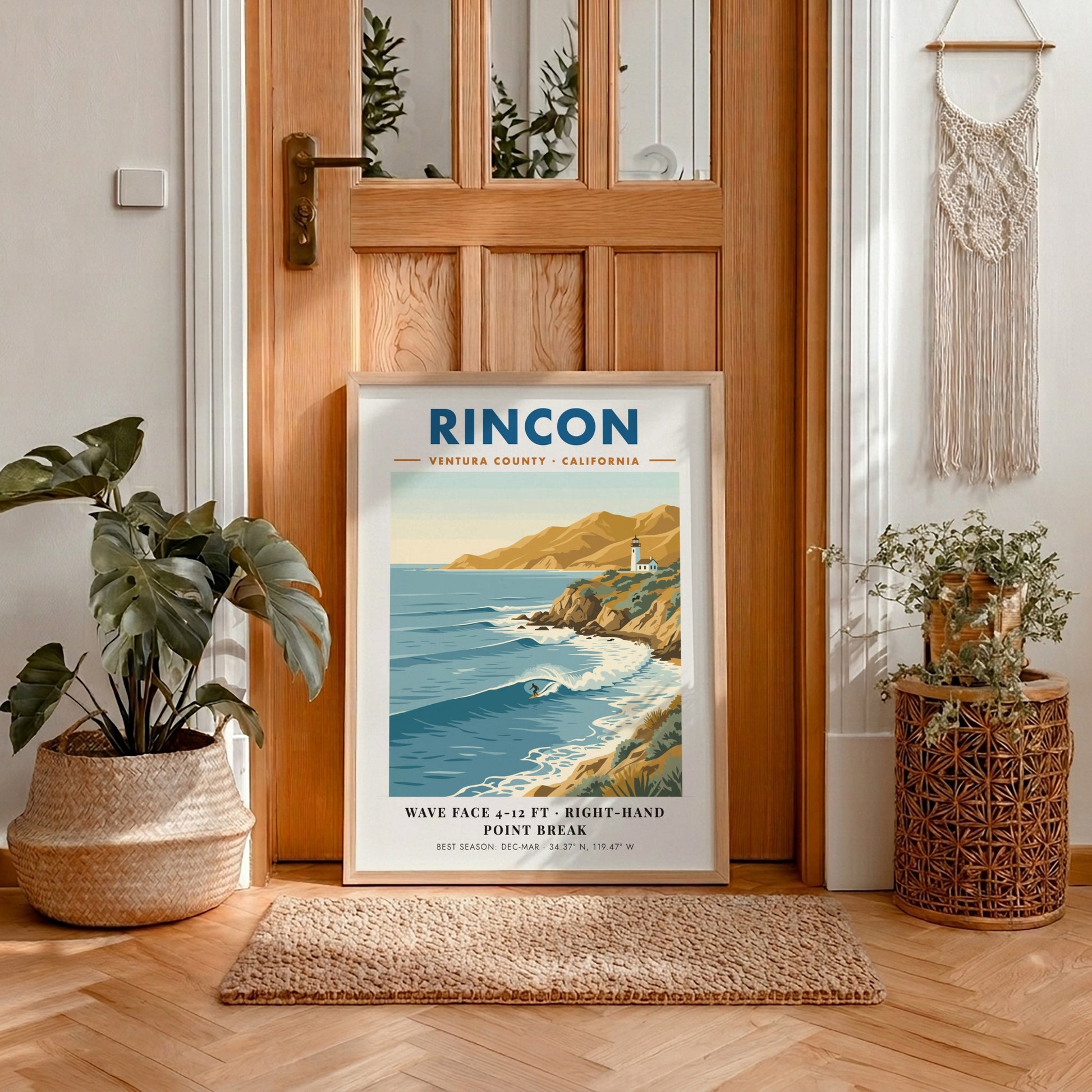 Rincon California surf poster featuring a right-hand point break, lighthouse, and golden cliffs.