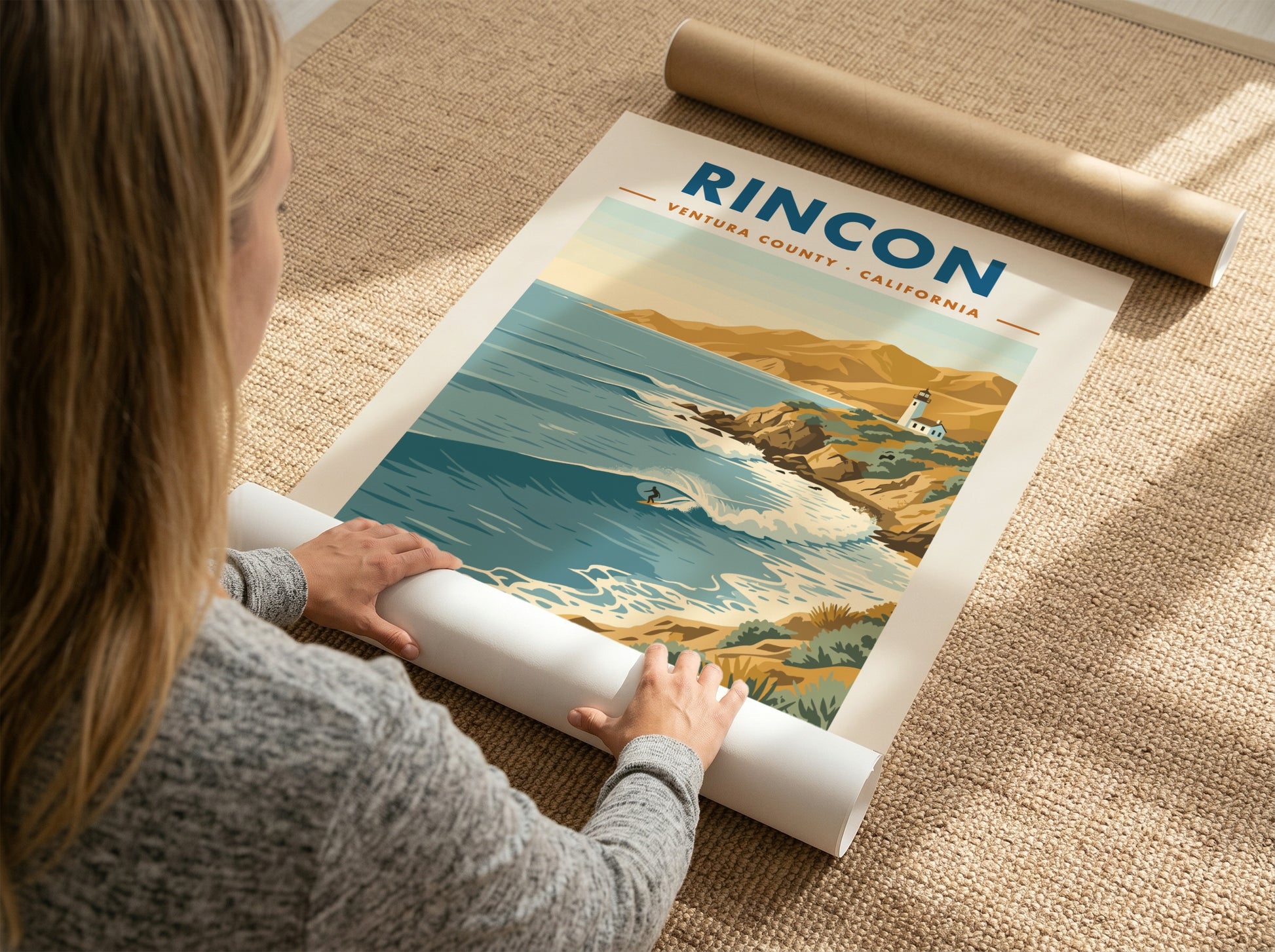 Rincon California surf poster featuring a right-hand point break, lighthouse, and golden cliffs.