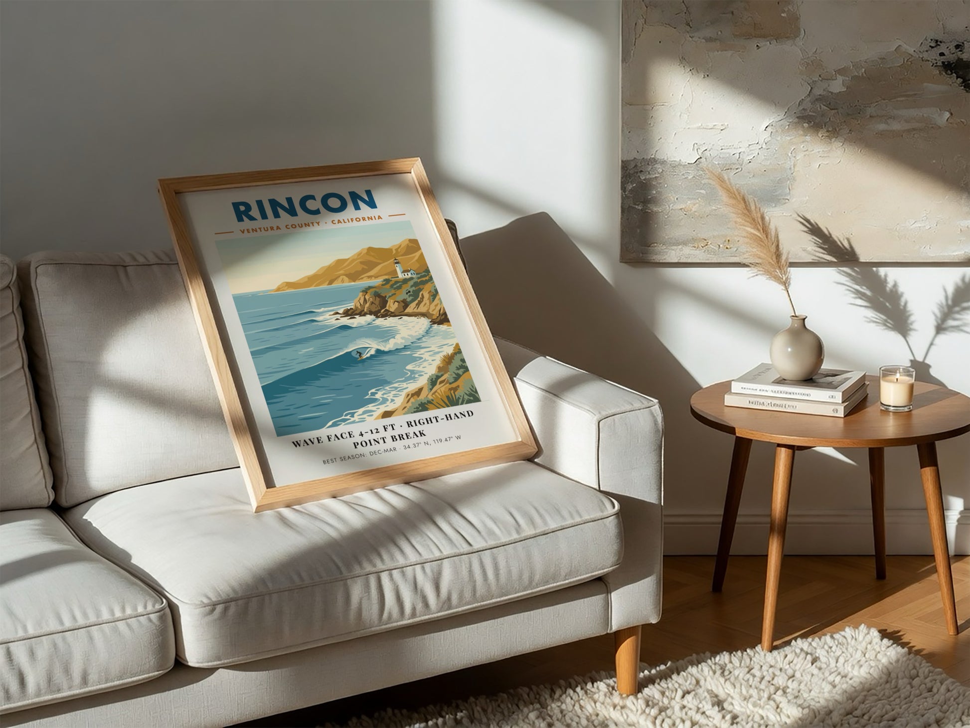 Rincon California surf poster featuring a right-hand point break, lighthouse, and golden cliffs.