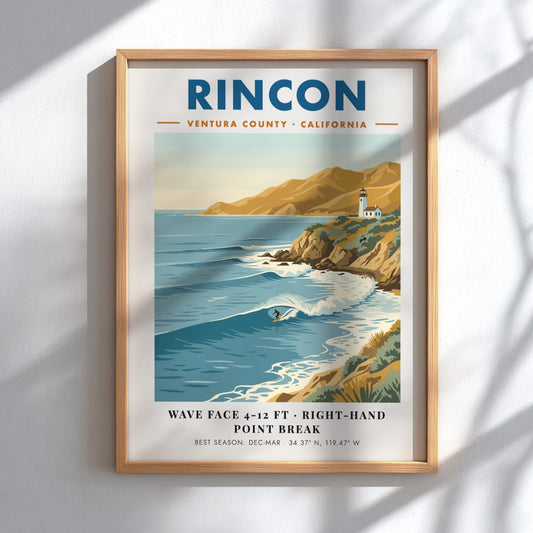 Rincon California surf poster featuring a right-hand point break, lighthouse, and golden cliffs.