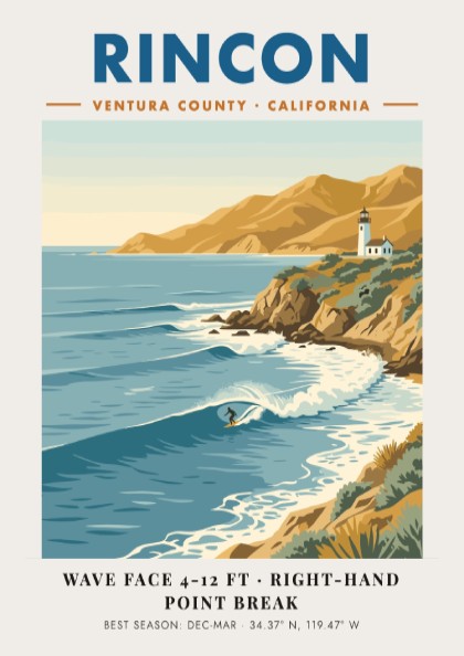 Rincon California surf poster featuring a right-hand point break, lighthouse, and golden cliffs.