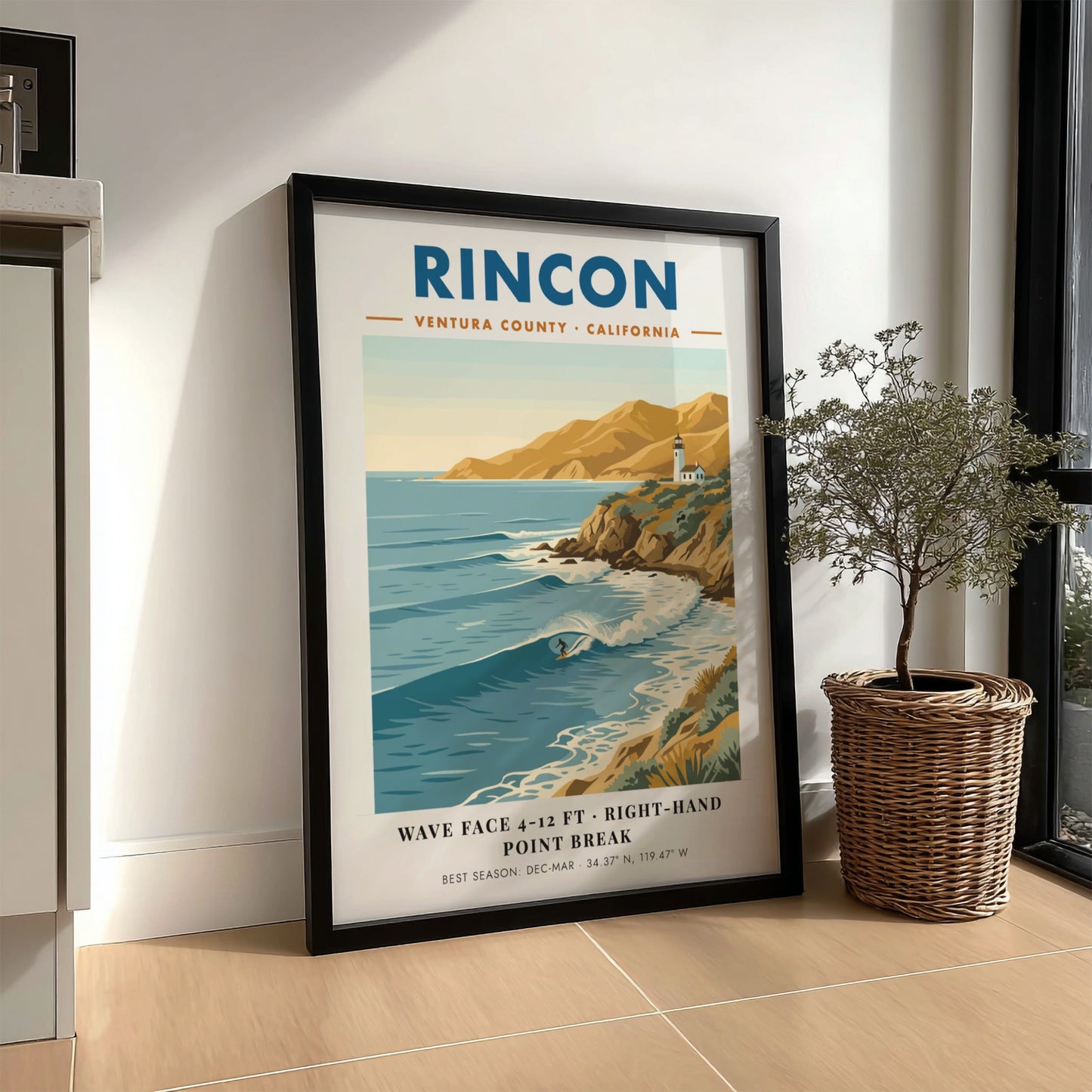 Rincon California surf poster featuring a right-hand point break, lighthouse, and golden cliffs.