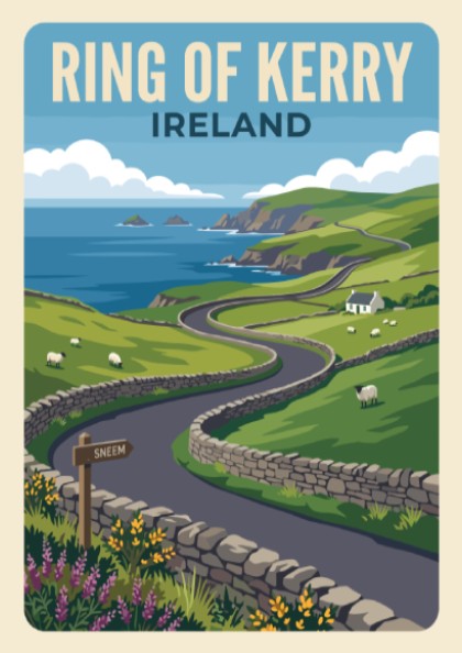 Travel poster of the Ring of Kerry in Ireland featuring green hills and sheep.