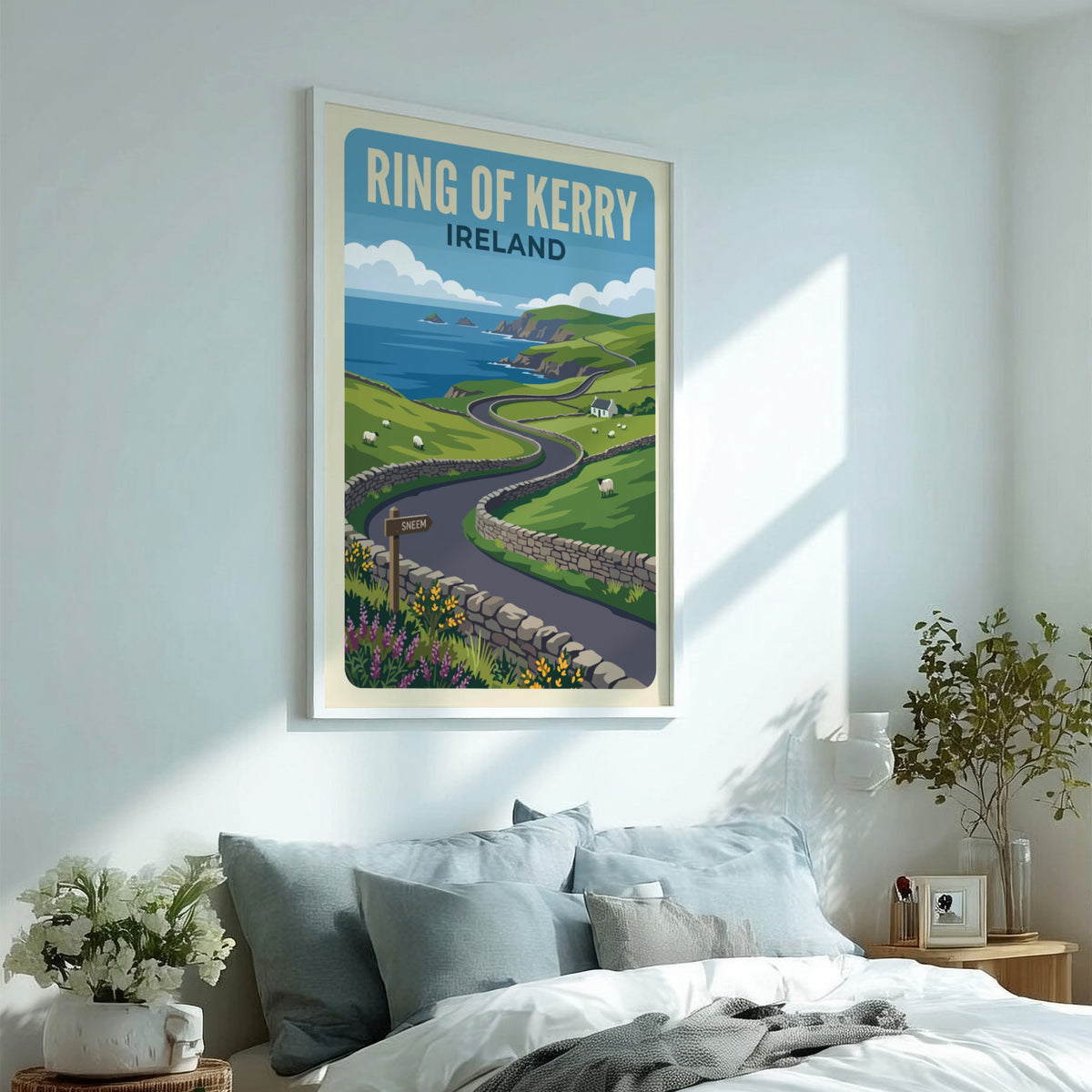 Travel poster of the Ring of Kerry in Ireland featuring green hills and sheep.