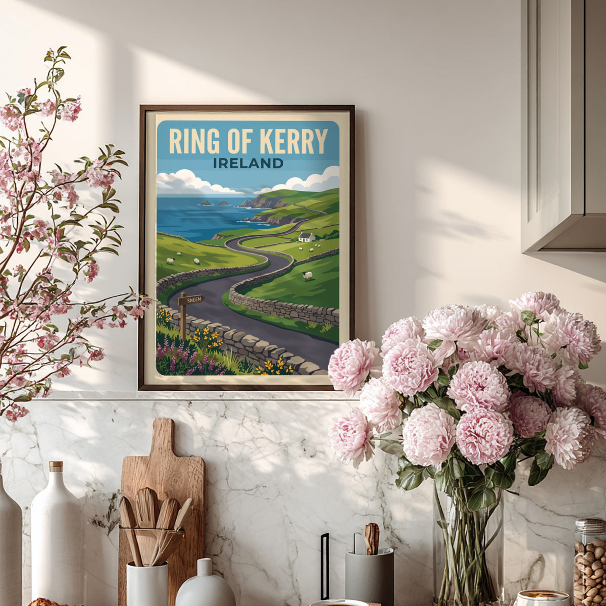 Travel poster of the Ring of Kerry in Ireland featuring green hills and sheep.
