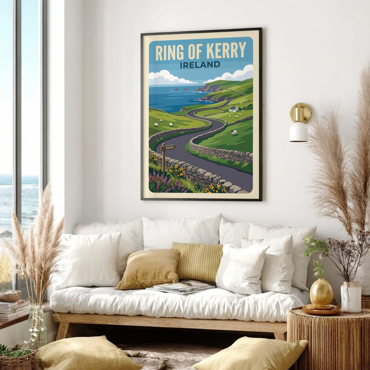 Travel poster of the Ring of Kerry in Ireland featuring green hills and sheep.