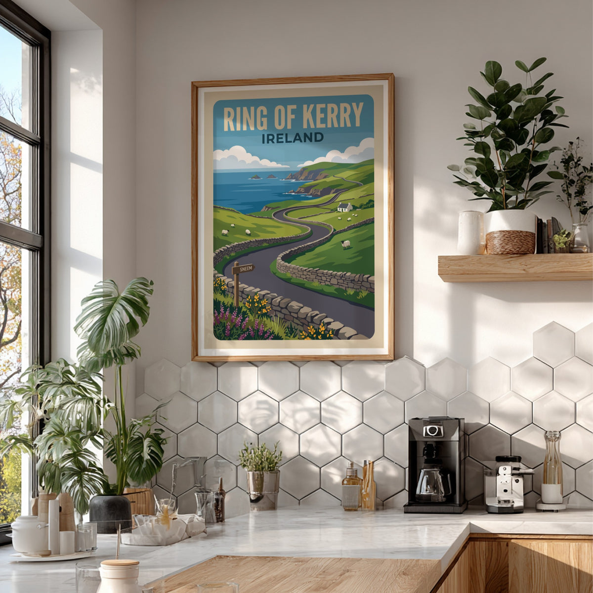 Travel poster of the Ring of Kerry in Ireland featuring green hills and sheep.