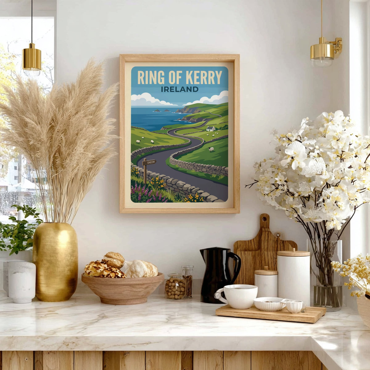 Travel poster of the Ring of Kerry in Ireland featuring green hills and sheep.