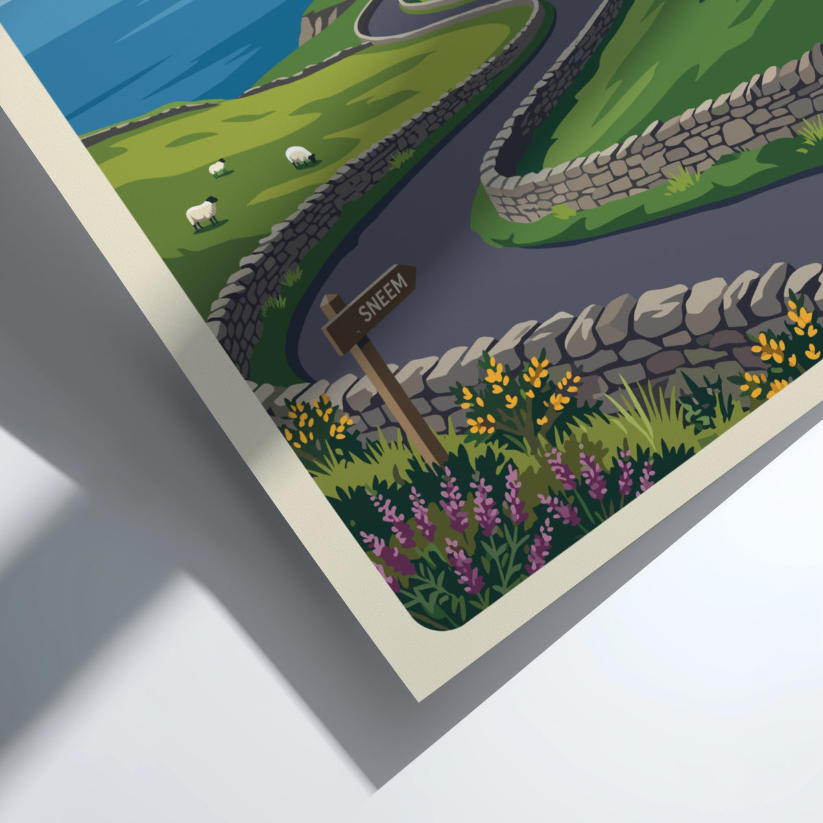 Travel poster of the Ring of Kerry in Ireland featuring green hills and sheep.