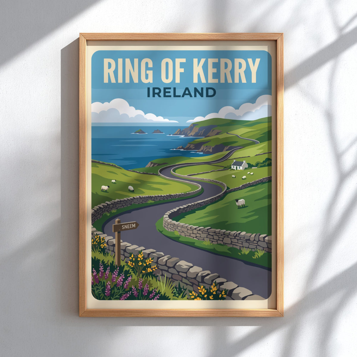 Travel poster of the Ring of Kerry in Ireland featuring green hills and sheep.
