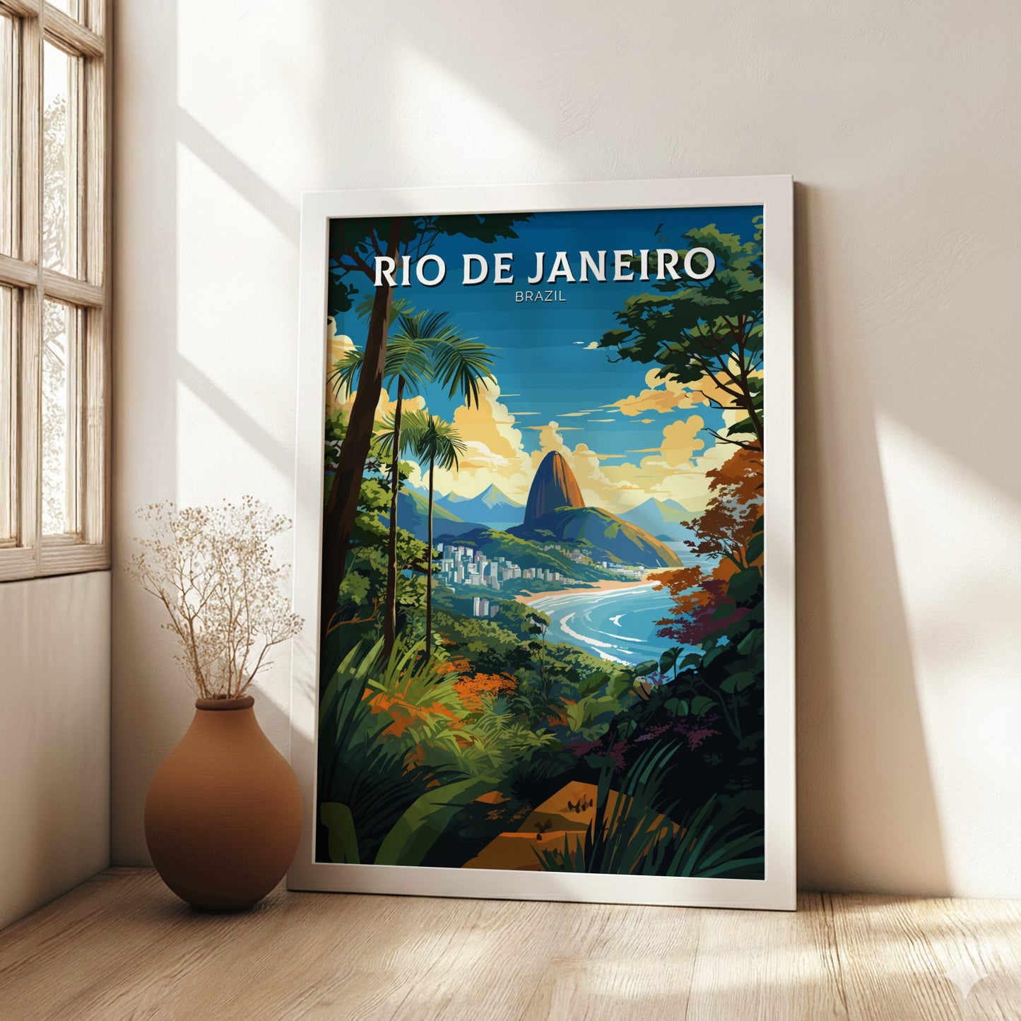 Rio De Janeiro Vintage Poster - Brazil Travel Art on a white frame 