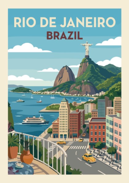 Vintage travel poster of Rio de Janeiro, Brazil, featuring Christ the Redeemer and city skyline.