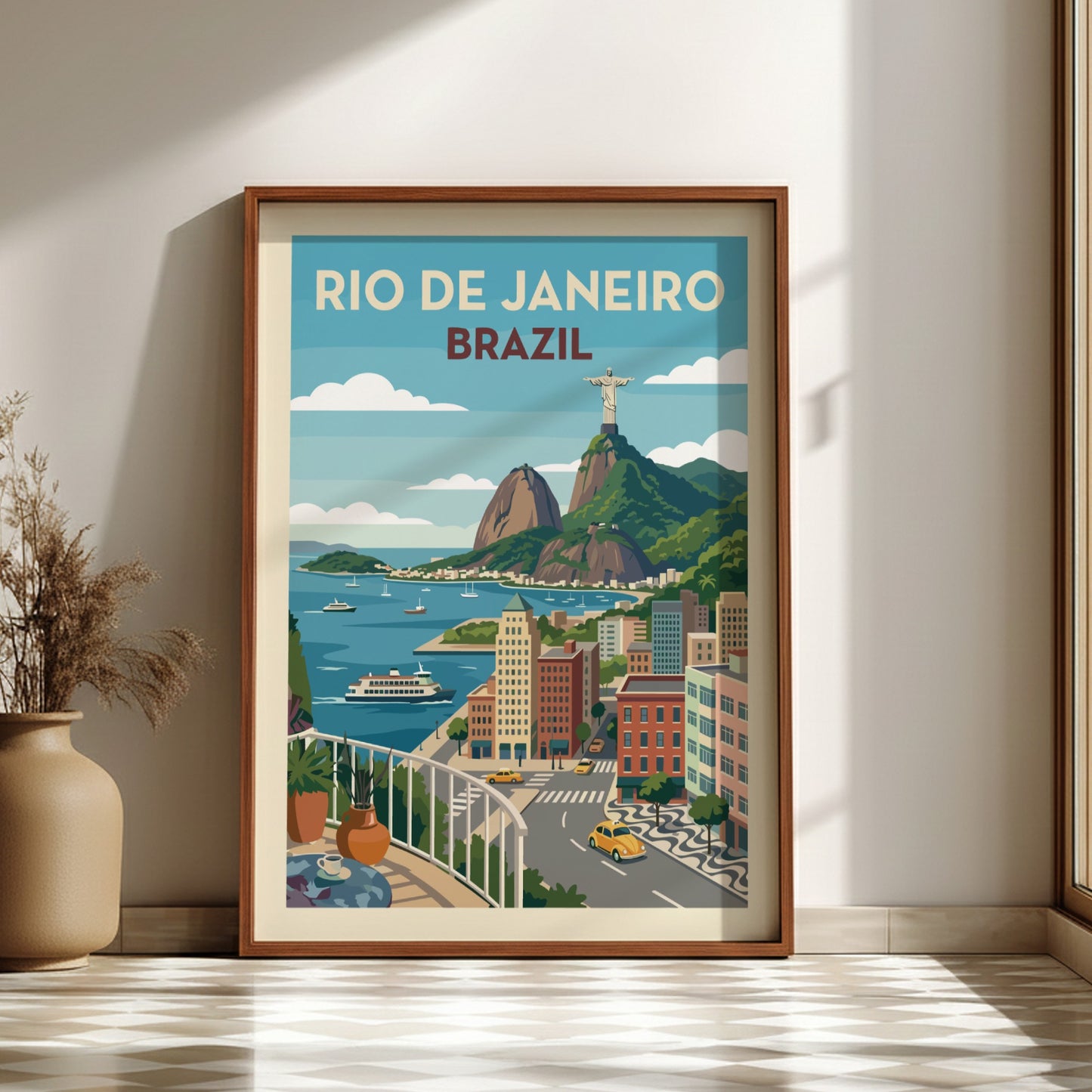 Vintage travel poster of Rio de Janeiro, Brazil, featuring Christ the Redeemer and city skyline.