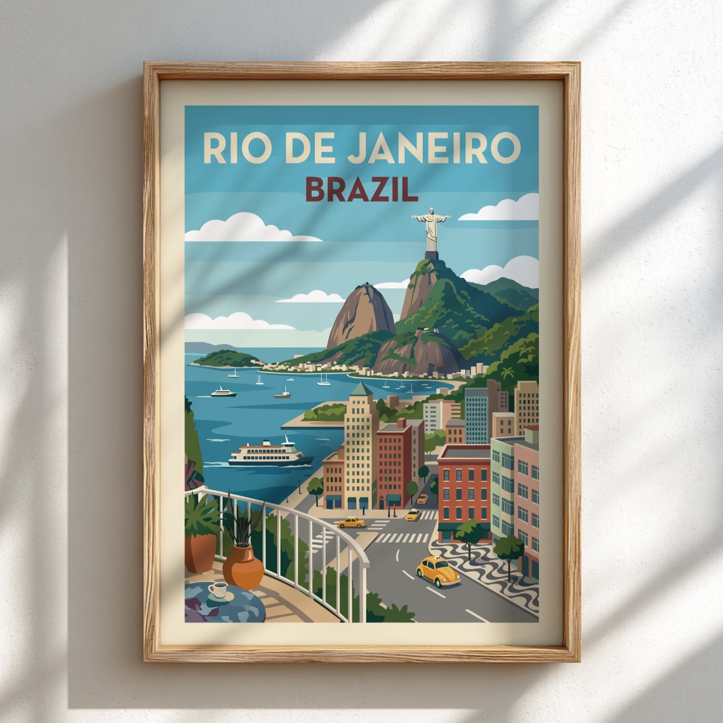 Vintage travel poster of Rio de Janeiro, Brazil, featuring Christ the Redeemer and city skyline.