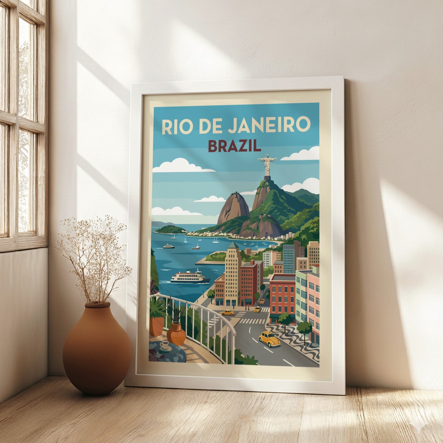 Vintage travel poster of Rio de Janeiro, Brazil, featuring Christ the Redeemer and city skyline.