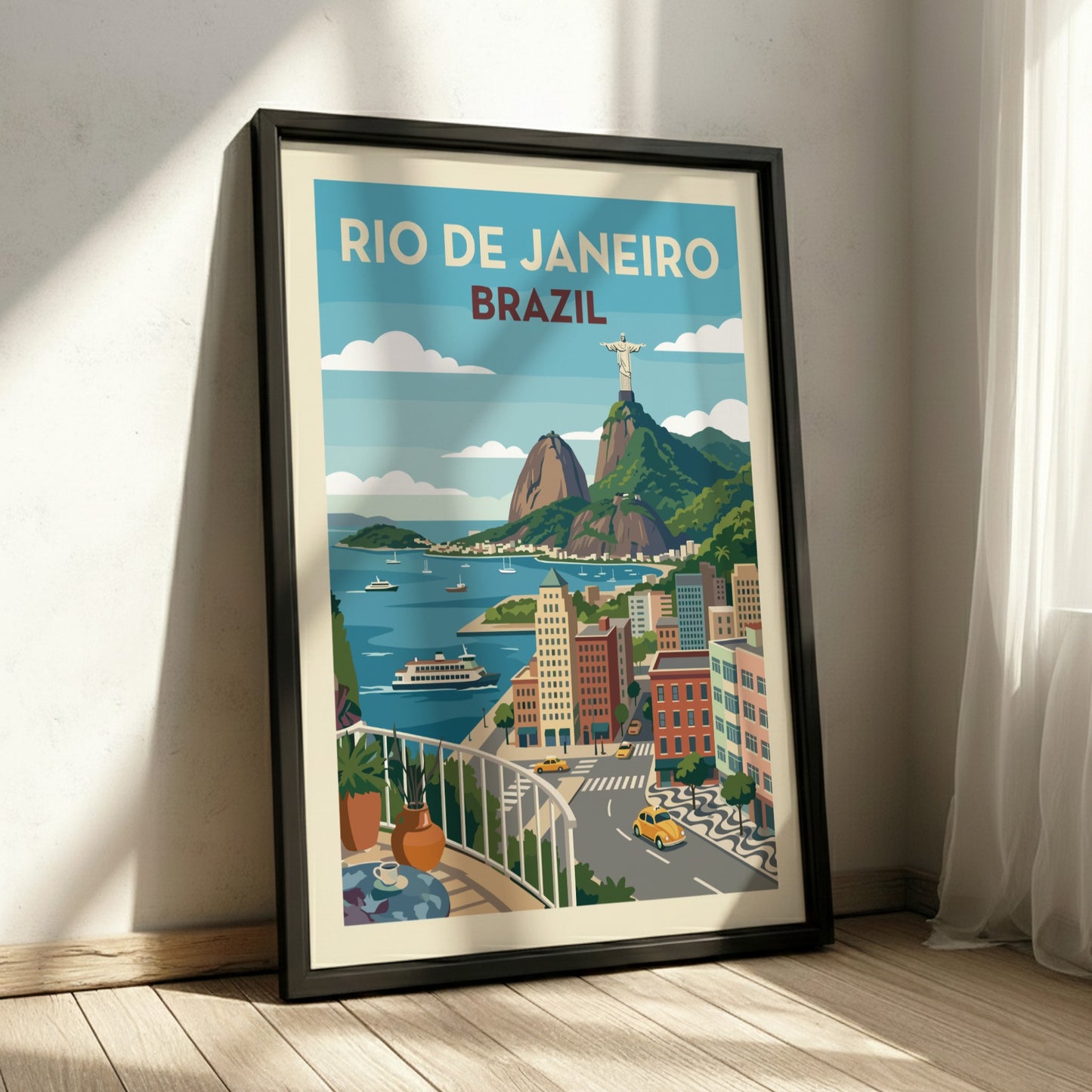 Vintage travel poster of Rio de Janeiro, Brazil, featuring Christ the Redeemer and city skyline.