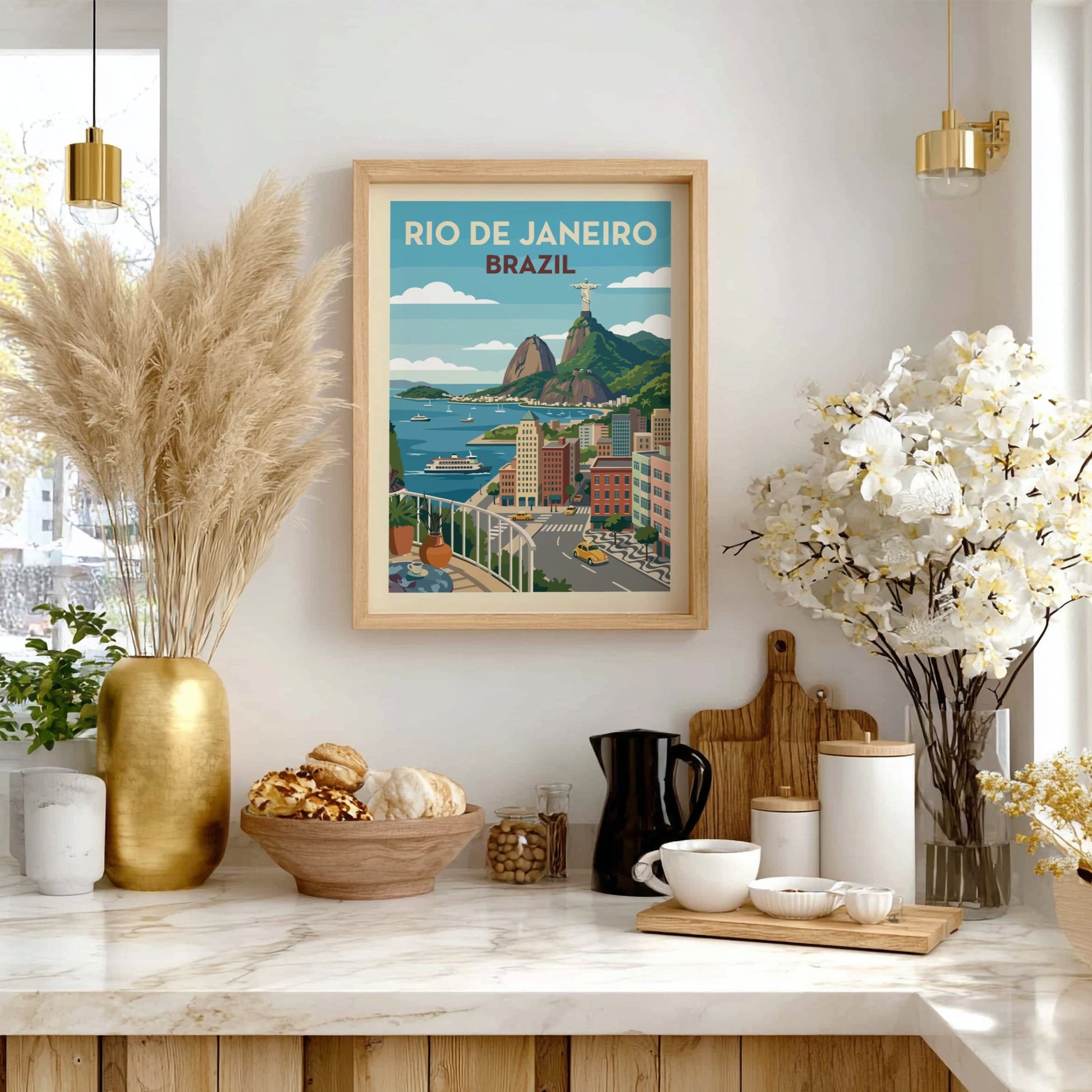 Vintage travel poster of Rio de Janeiro, Brazil, featuring Christ the Redeemer and city skyline.
