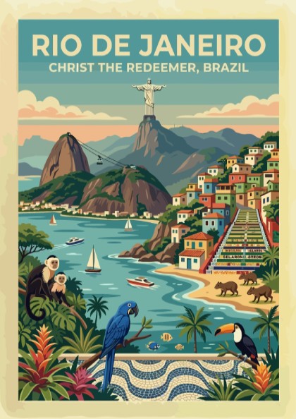 Rio de Janeiro travel poster showing Christ the Redeemer, colorful hillside homes, and monkeys.