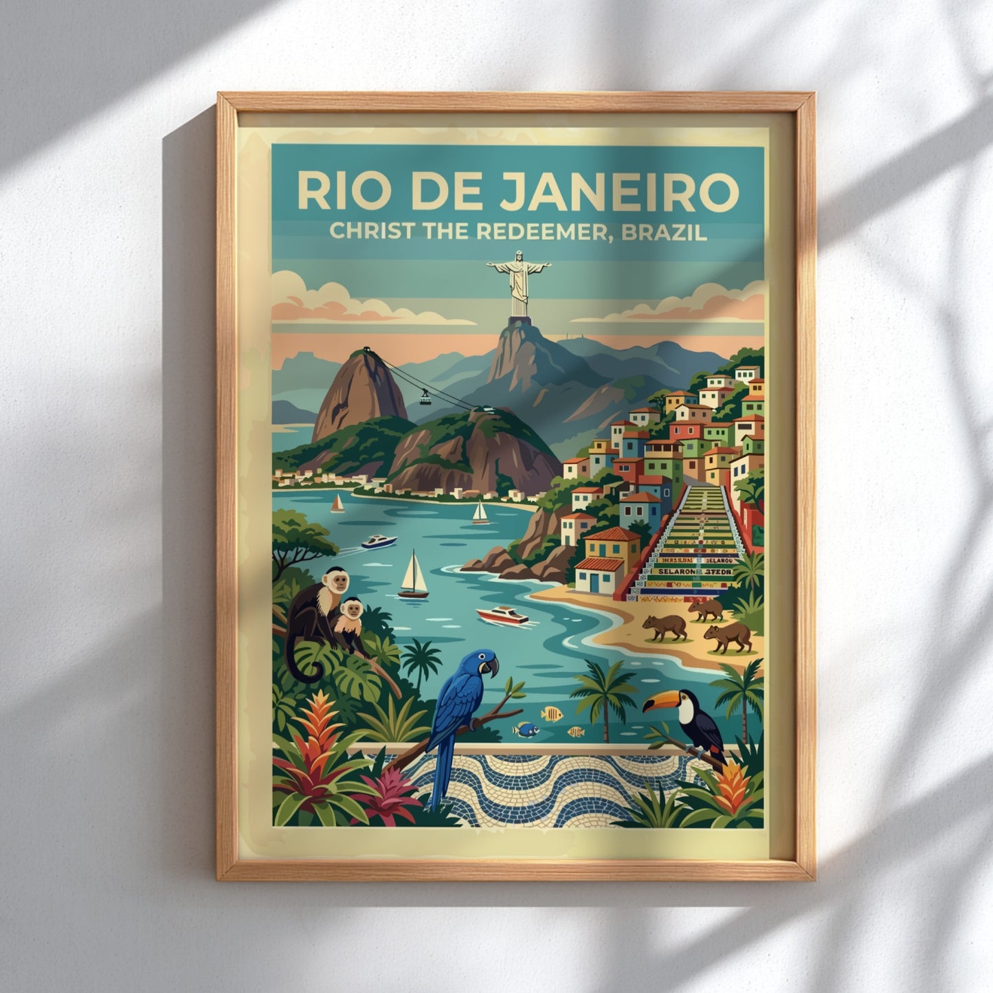 Rio de Janeiro travel poster showing Christ the Redeemer, colorful hillside homes, and monkeys.