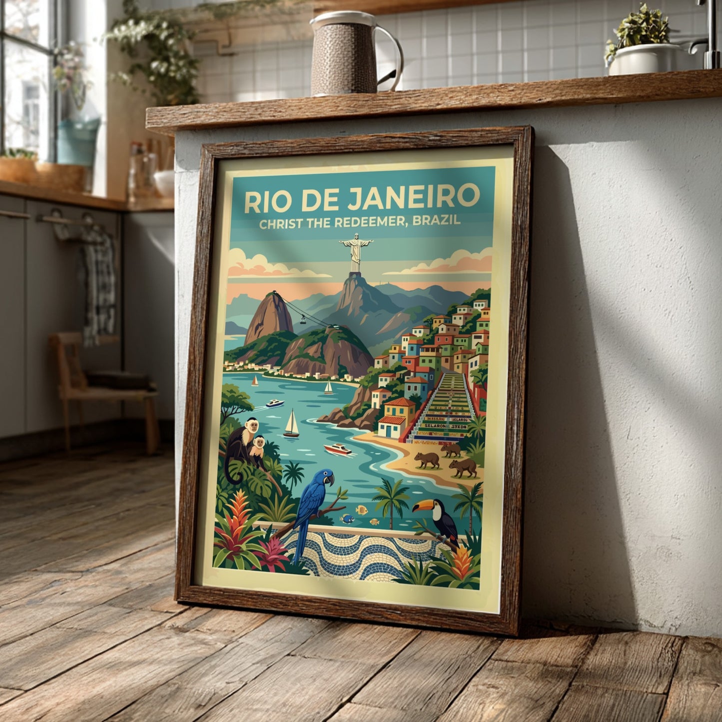 Rio de Janeiro travel poster showing Christ the Redeemer, colorful hillside homes, and monkeys.