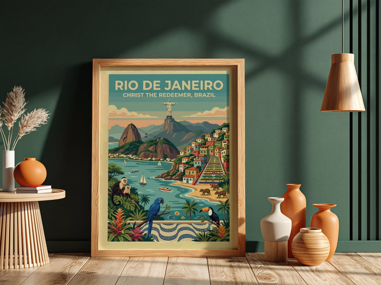 Rio de Janeiro travel poster showing Christ the Redeemer, colorful hillside homes, and monkeys.