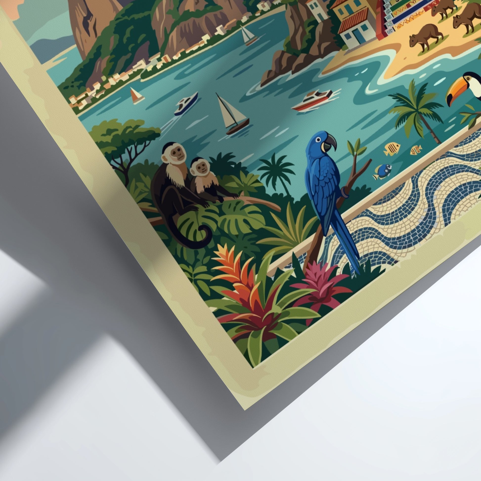 Rio de Janeiro travel poster showing Christ the Redeemer, colorful hillside homes, and monkeys.