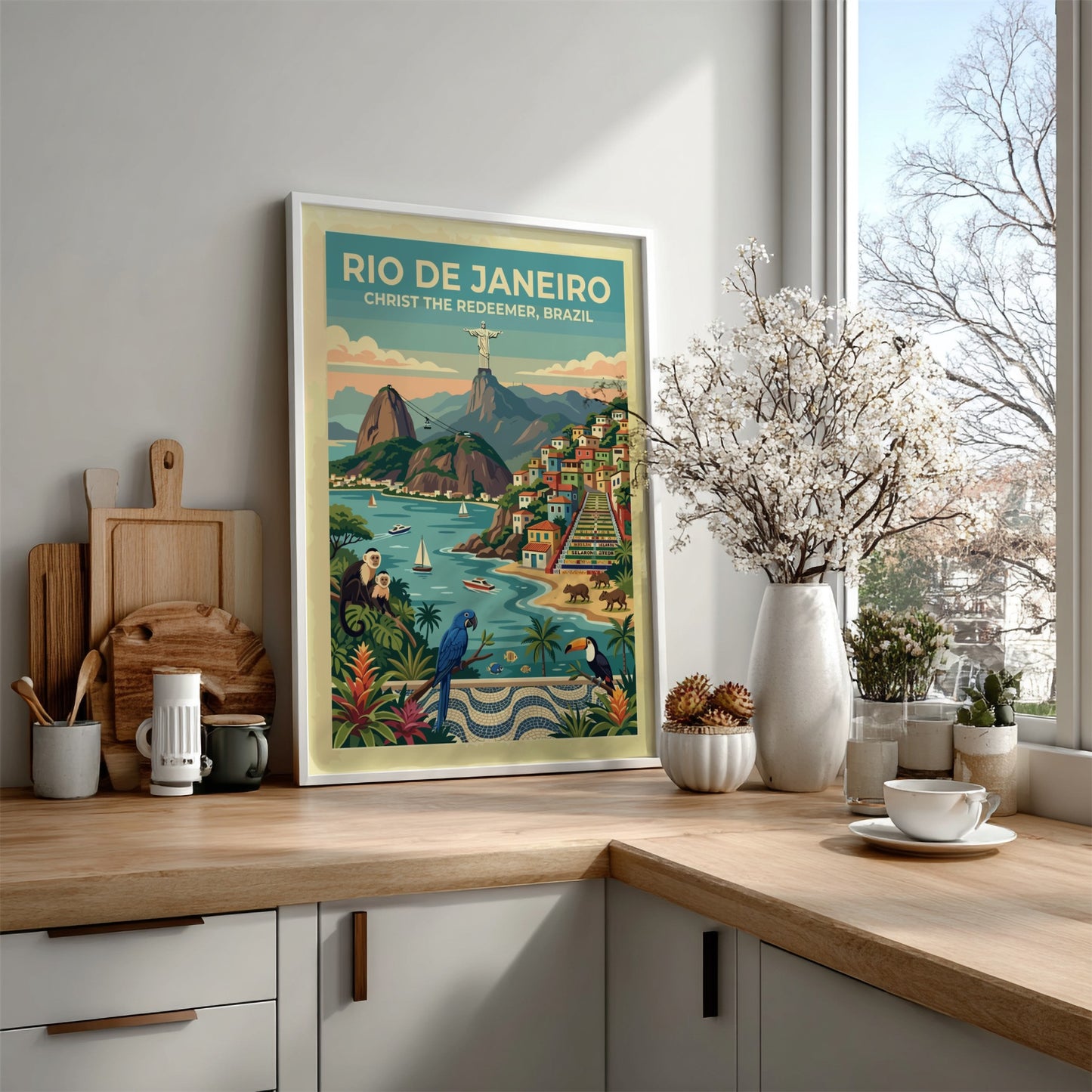 Rio de Janeiro travel poster showing Christ the Redeemer, colorful hillside homes, and monkeys.
