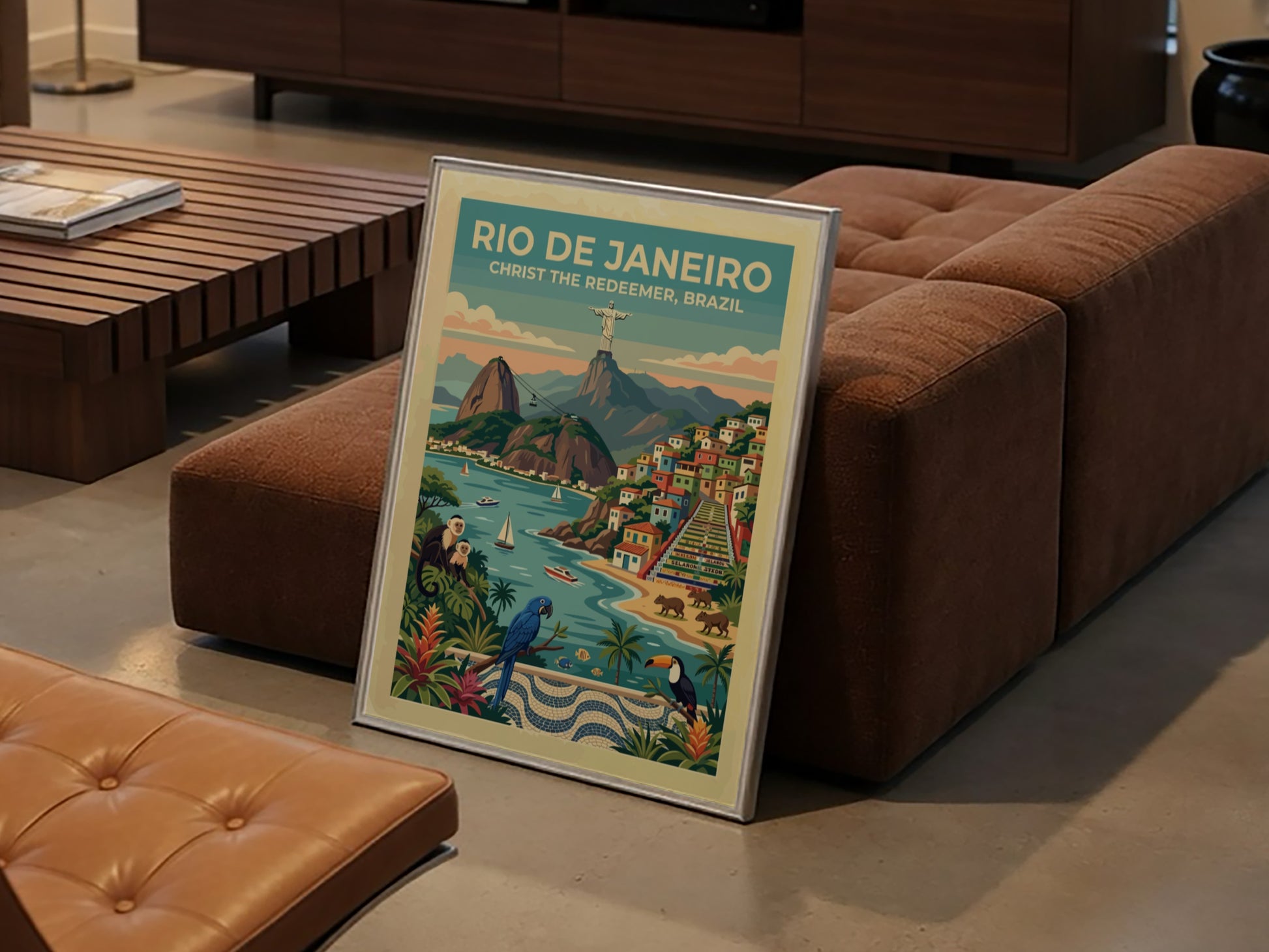 Rio de Janeiro travel poster showing Christ the Redeemer, colorful hillside homes, and monkeys.