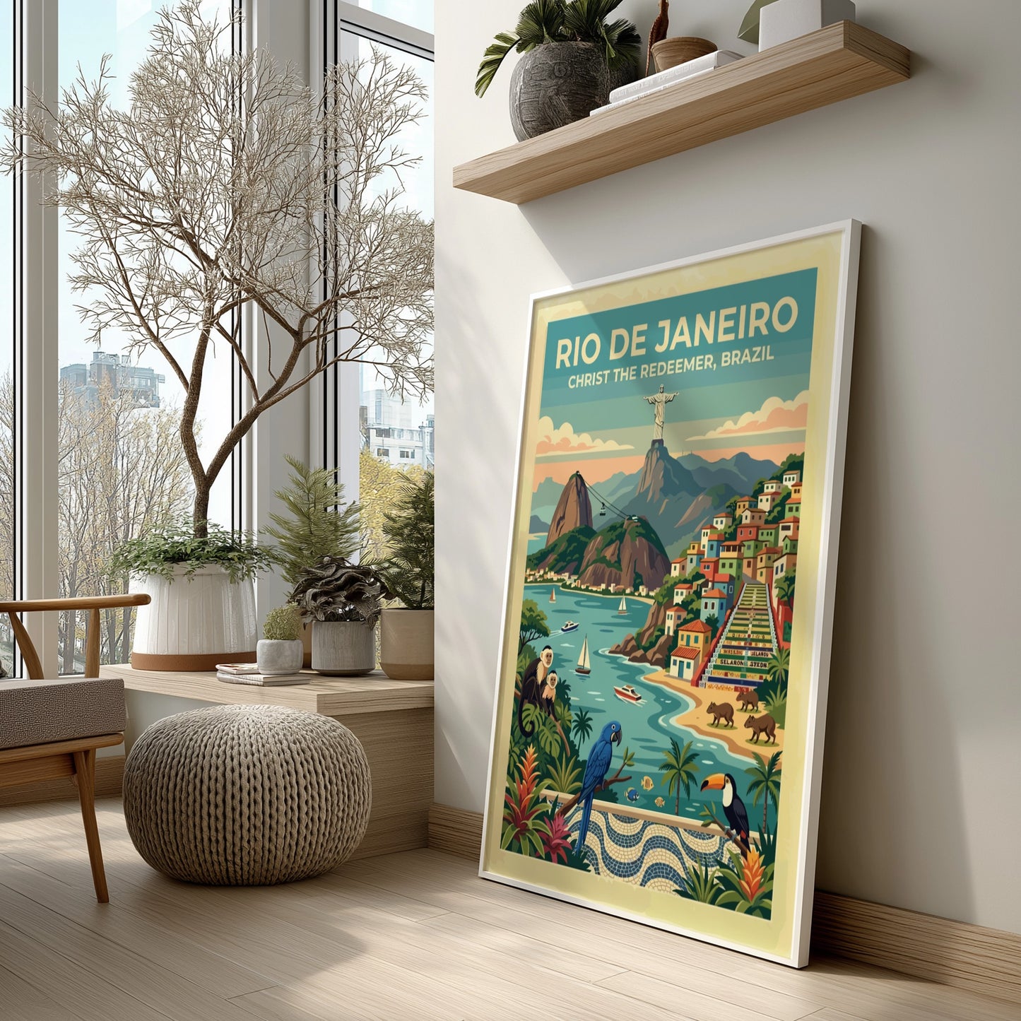 Rio de Janeiro travel poster showing Christ the Redeemer, colorful hillside homes, and monkeys.