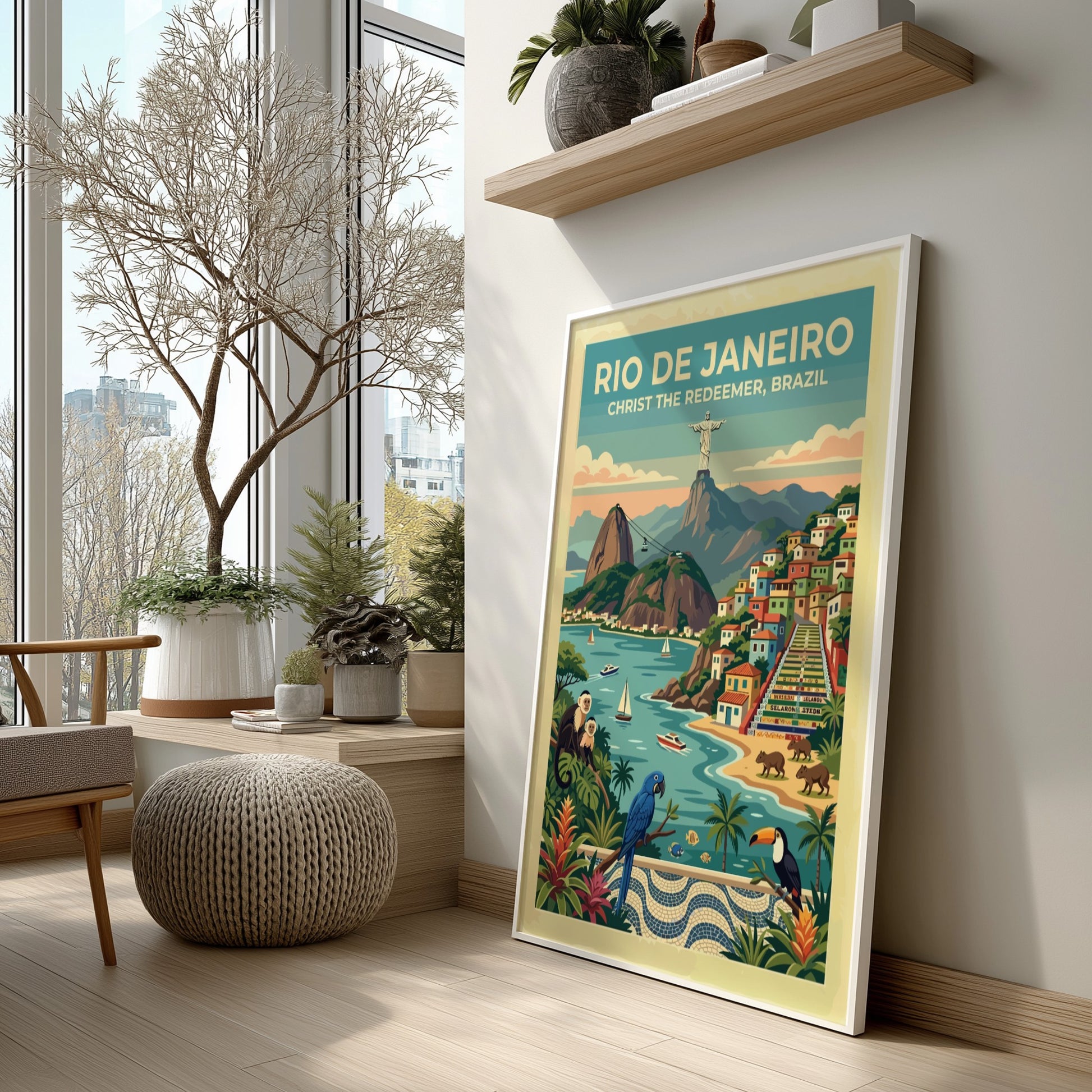 Rio de Janeiro travel poster showing Christ the Redeemer, colorful hillside homes, and monkeys.