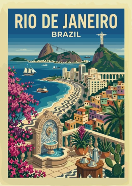 Vintage Rio de Janeiro travel poster featuring Christ the Redeemer and Copacabana beach.