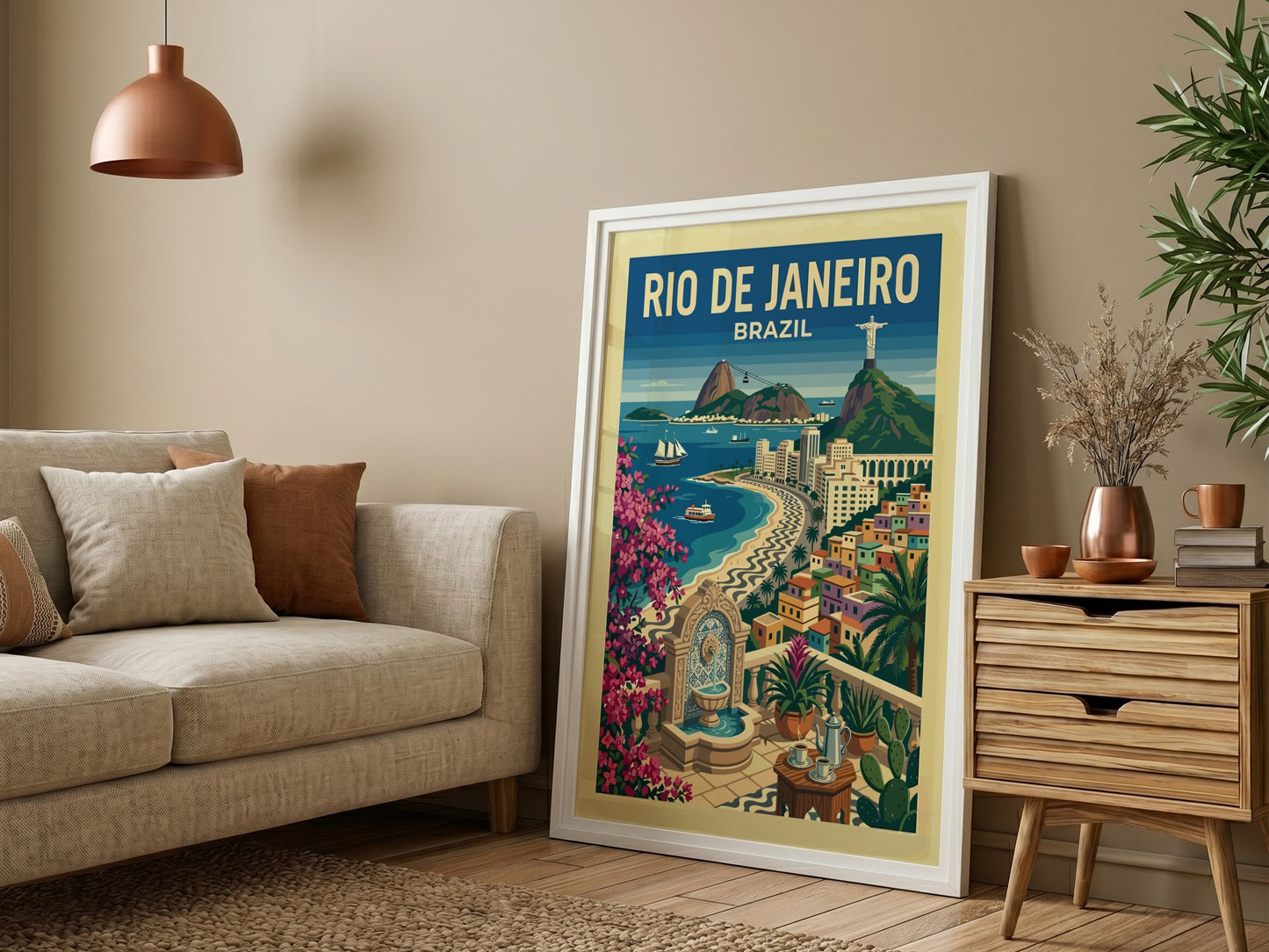 Vintage Rio de Janeiro travel poster featuring Christ the Redeemer and Copacabana beach.