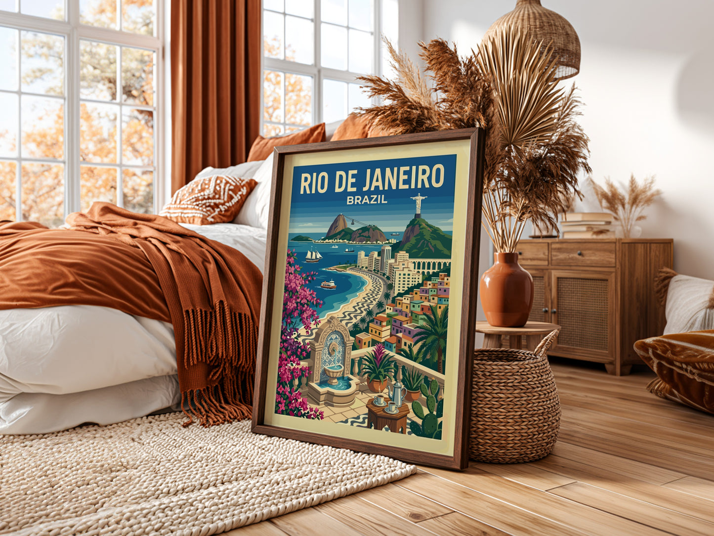 Vintage Rio de Janeiro travel poster featuring Christ the Redeemer and Copacabana beach.