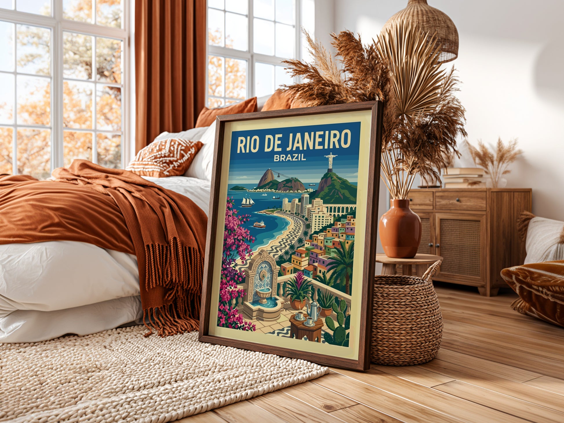 Vintage Rio de Janeiro travel poster featuring Christ the Redeemer and Copacabana beach.