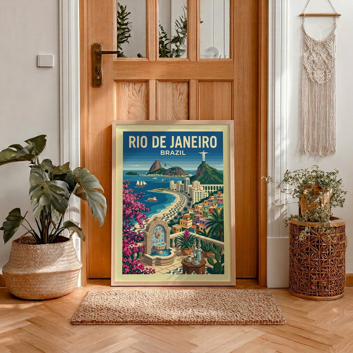 Vintage Rio de Janeiro travel poster featuring Christ the Redeemer and Copacabana beach.