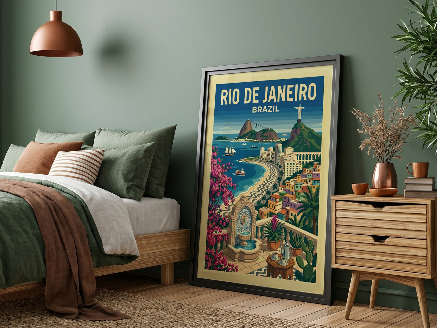 Vintage Rio de Janeiro travel poster featuring Christ the Redeemer and Copacabana beach.
