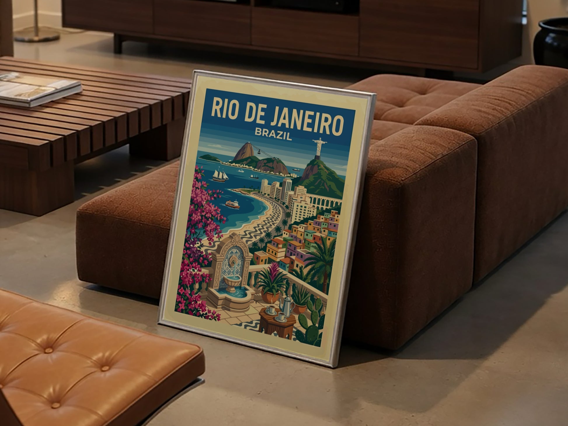 Vintage Rio de Janeiro travel poster featuring Christ the Redeemer and Copacabana beach.