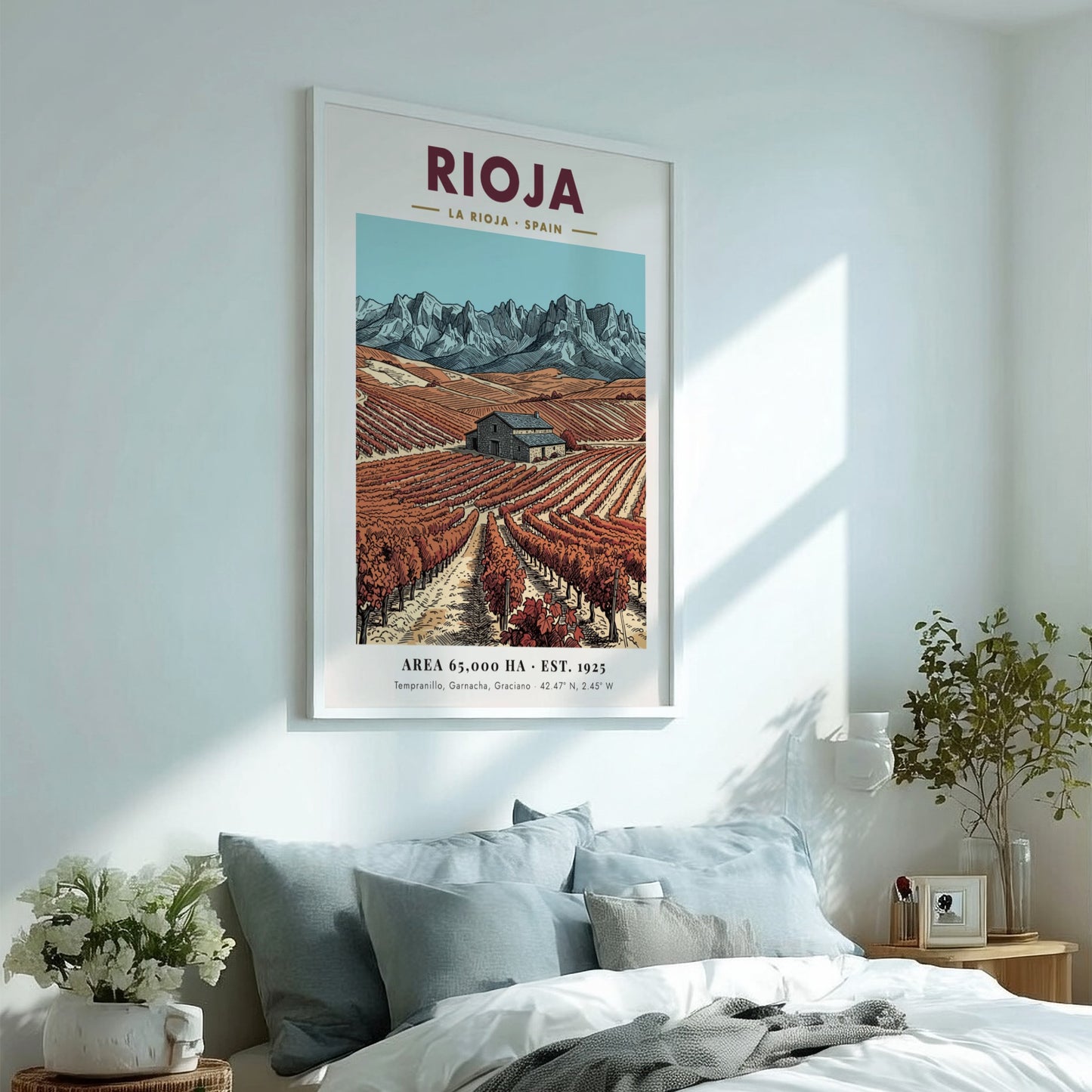 Rioja wine region poster featuring vineyards, a stone farmhouse, and rugged mountain peaks.
