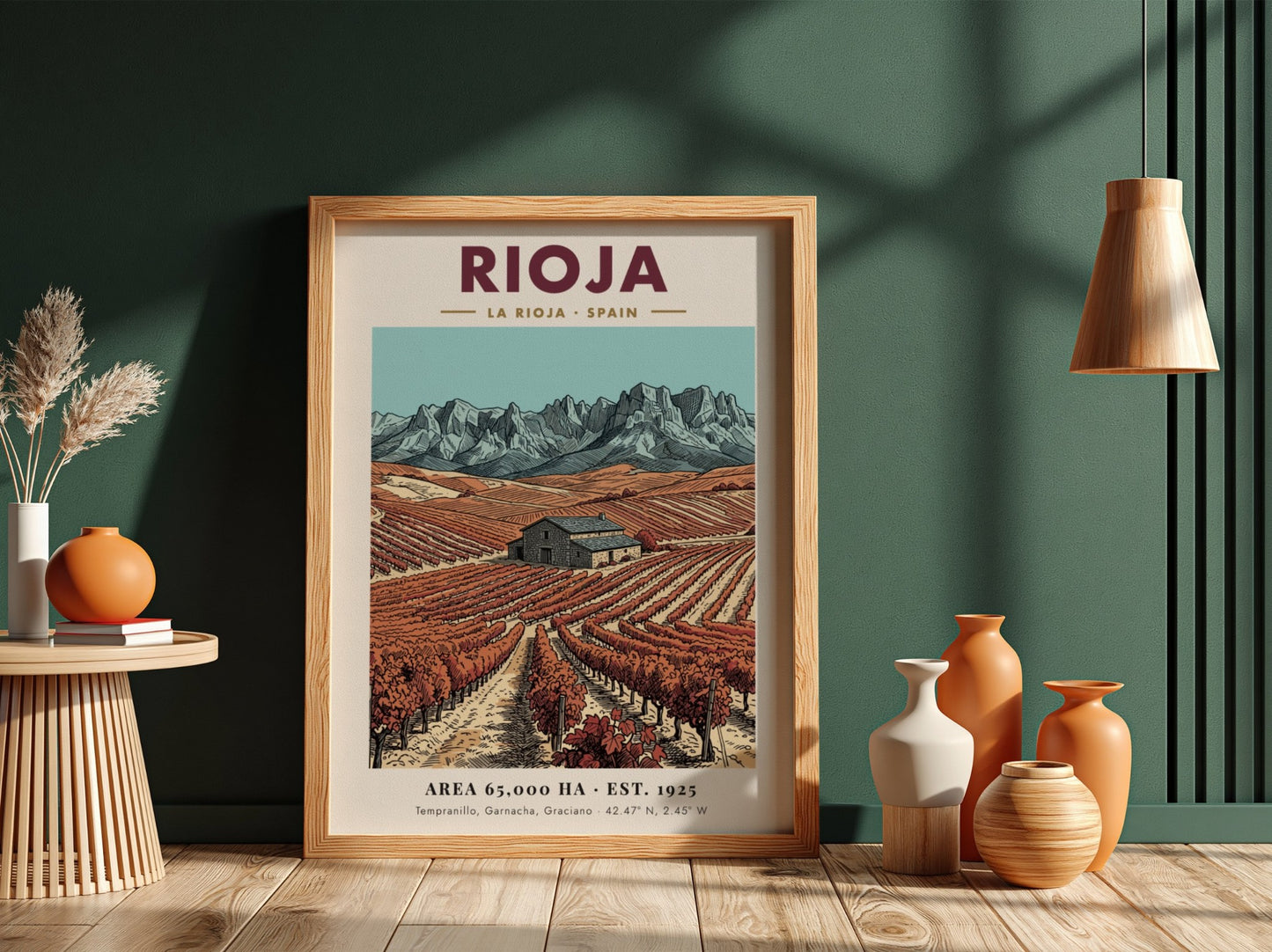 Rioja wine region poster featuring vineyards, a stone farmhouse, and rugged mountain peaks.