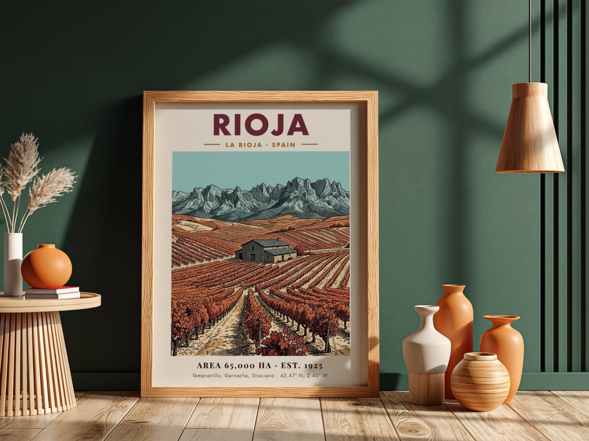 Rioja wine region poster featuring vineyards, a stone farmhouse, and rugged mountain peaks.
