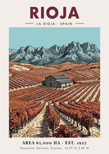 Rioja wine region poster featuring vineyards, a stone farmhouse, and rugged mountain peaks.