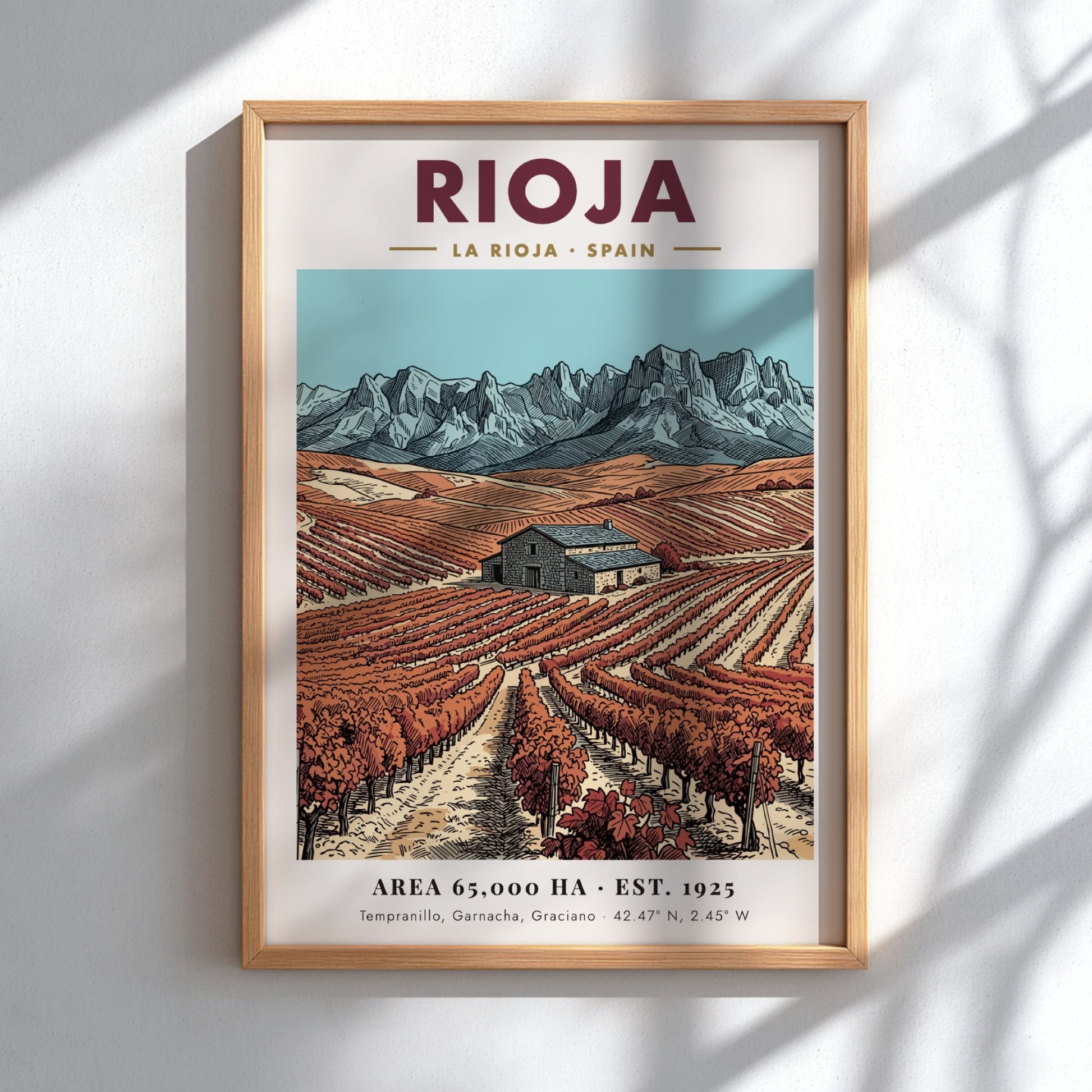 Rioja wine region poster featuring vineyards, a stone farmhouse, and rugged mountain peaks.