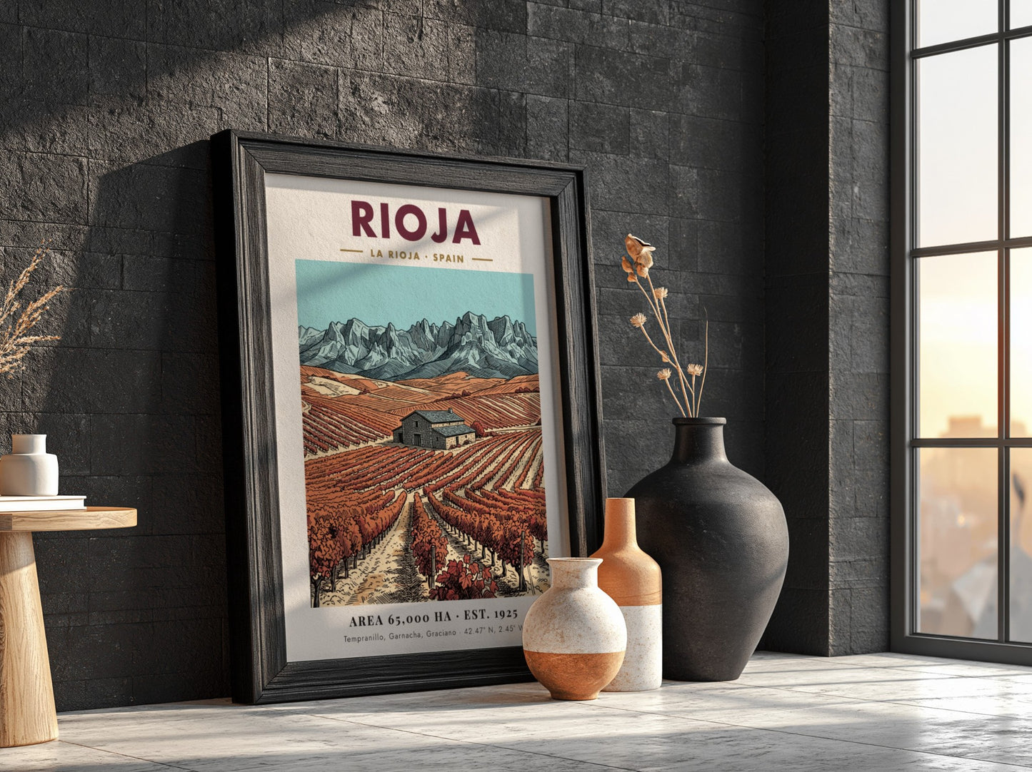 Rioja wine region poster featuring vineyards, a stone farmhouse, and rugged mountain peaks.