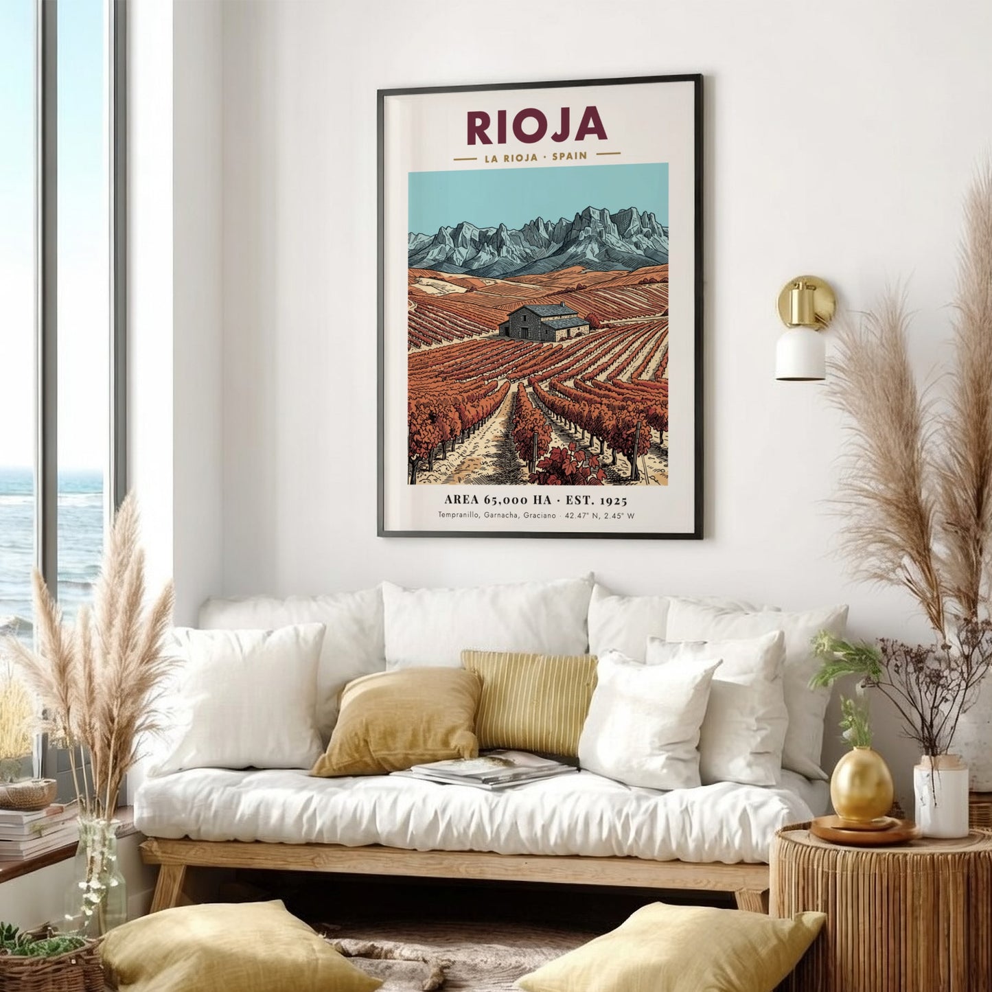 Rioja wine region poster featuring vineyards, a stone farmhouse, and rugged mountain peaks.
