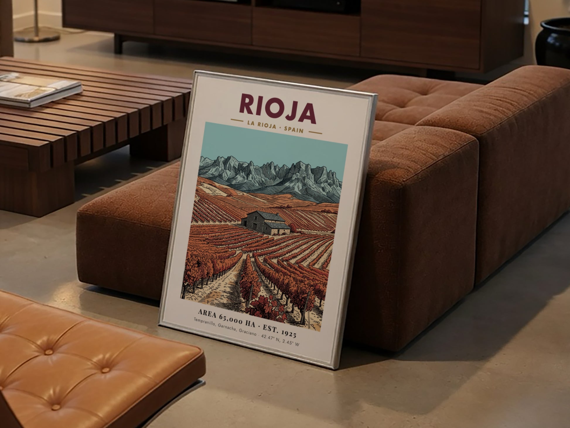 Rioja wine region poster featuring vineyards, a stone farmhouse, and rugged mountain peaks.